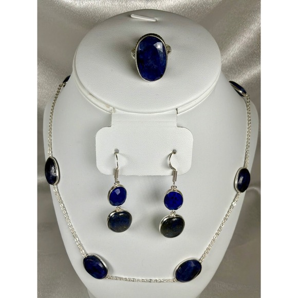 Faceted Lapis‎ Lazuli 3-Piece Jewelry Gift Set – Necklace Earrings & Ring